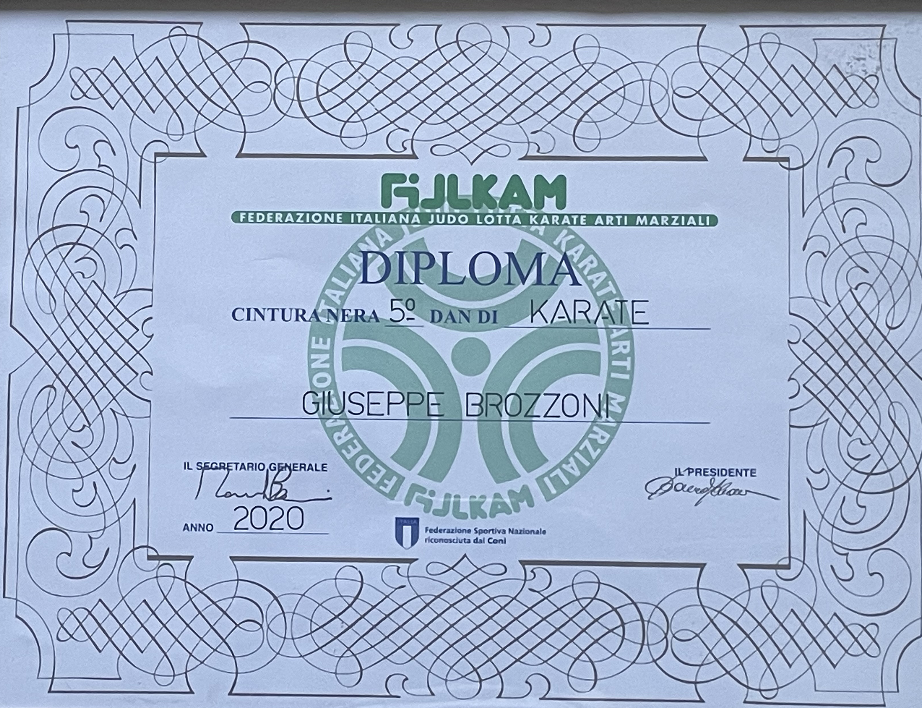 Diploma di conseguimento del 5° Dan