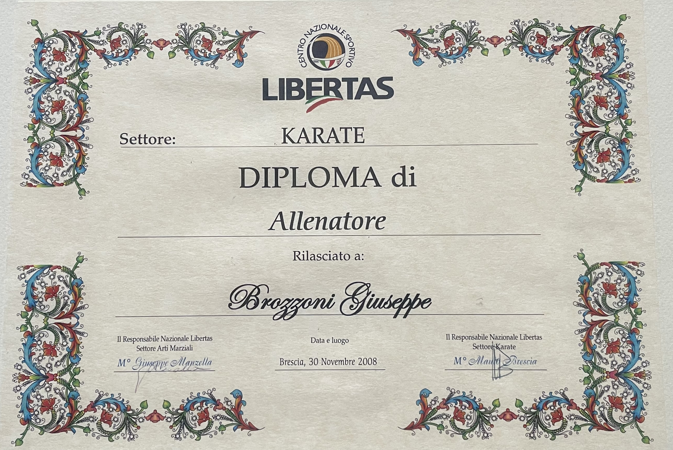 Diploma di Allenatore rilasciato da Libertas